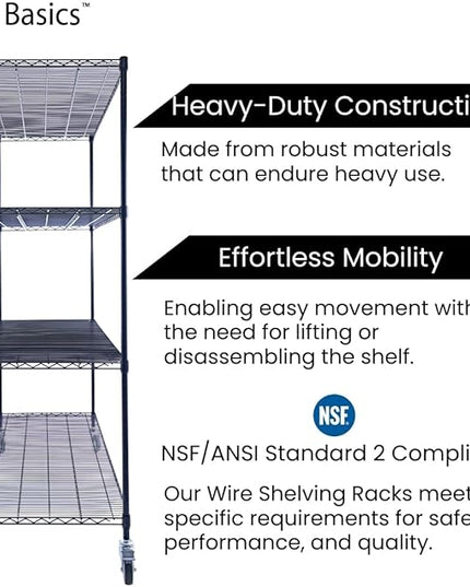 NSF Commercial 4-Tier Wire Shelving with Wheels, 60"x24"x72" Heavy Duty Metal Shelves 3200 lbs Max Capacity, Black Storage Rack for Garage Kitchen Pantry Warehouse
