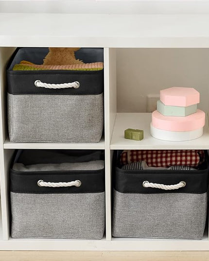 TheWarmHome Organization and Storage Basket for Organizing - 17x14x10 inch Large 3 Pack Collapsible Storage Bin for Shelves, Fabric Basket for Gifts Empty Organizer Gift Closet (Black & Grey)
