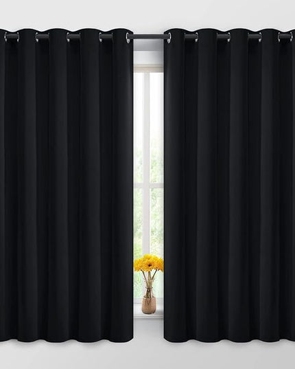 Yakamok Blackout Curtains Room Darkening Thermal Insulated Window Panels,Solid Grommet Top Drapes for Bedroom/Living Room(62Wx63L, Black, 2 Panels)