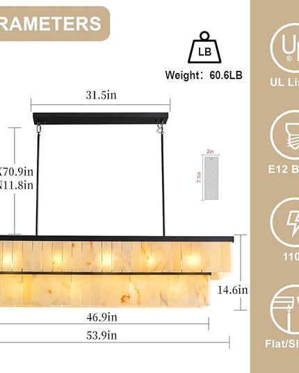 Rectangle Alabaster Chandelier, L54 Linear Chandeliers Over Table Pendant Light Modern Mrable Rectangular Chandelier for Kitchen Island Dining Room Living Room 2-Tier Black(Include 16 Bulbs)