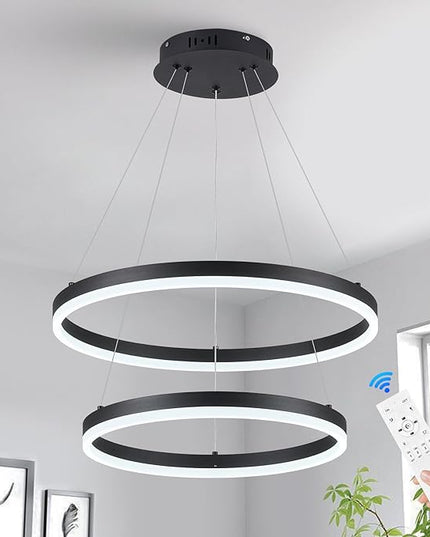 2-Rings Modern LED Chandelier Black for Dining Room, Circular Flush Mount Ceiling Chandelier Light Dimmable Pendant Light with Remote Control for Living Room Entrance Foyer, 3000K-6500K