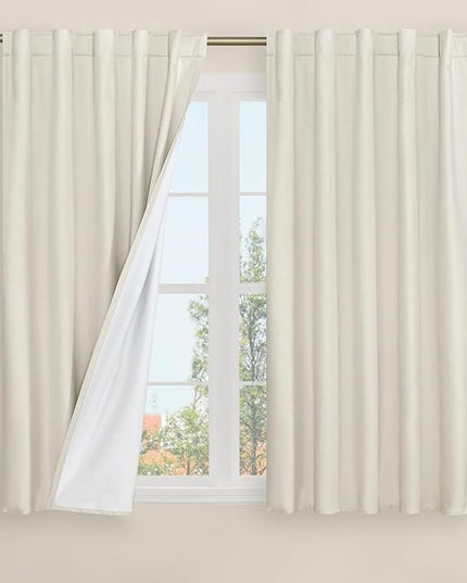 LAMIT Natural 100% Blackout Linen Curtains, 45 Inches Linen Textured Thermal Bedroom Curtains Back Tab and Rod Pocket Neutral Panels with White Liner for Farmhouse, 2 Panels, 42 x 45 Inch, Ivory