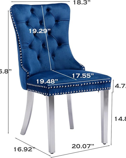 SoarFlash Velvet Dining Chair Set of 4, Upholstered Tufted Dining Room Chair with Nailhead Trim and Solid Silver Plated Leg for Kitchen (Blue)