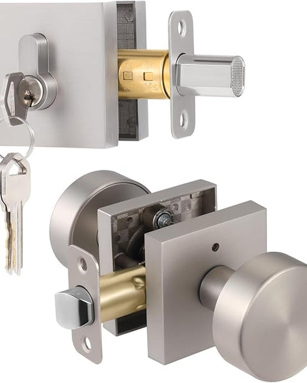 Exterior Door Knob with Single Cylinder Deadbolt Lock, Brushed Nickel Front Door Handle and Lock Set