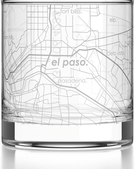 Well Told Engraved El Paso Texas Map Rocks Glass, Old Fashioned Glassware (11 oz, Clear) Etched Bourbon Tumbler, Gifts For Whiskey Lovers