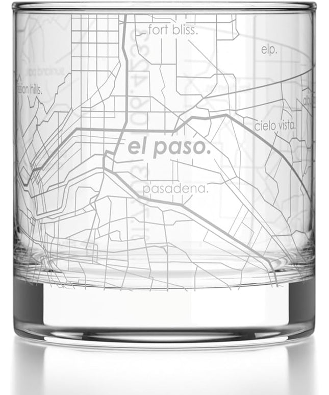 Well Told Engraved El Paso Texas Map Rocks Glass, Old Fashioned Glassware (11 oz, Clear) Etched Bourbon Tumbler, Gifts For Whiskey Lovers