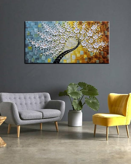 YaSheng Art-Handmade White Flower Contemporary Art Oil Painting On Canvas 3D Texture Abstract Tree Paintings Modern Home Bedroom, Dining Room, Wall Art Decor Ready to Hang20x40inch