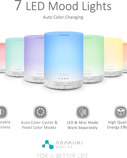 ASAKUKI 300ML Essential Oil Diffuser, Quiet 5-in-1 Premium Humidifier, Home Fragrance Aroma Diffuser with 7 LED Color Changing Light and Auto-Off Switch -White
