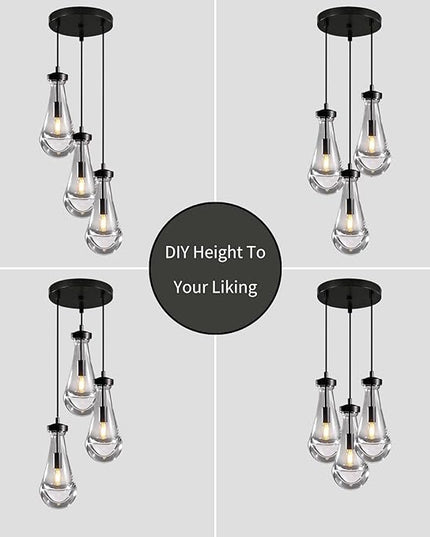 Bronze 3 Light Pendant Lighting, Raindrop Pendant Lights, Black Adjustable Hanging Rope Cluster Pendant Lighting Over Kitchen Island, Teardrop Glass Chandelier Dining Room Light Fixture