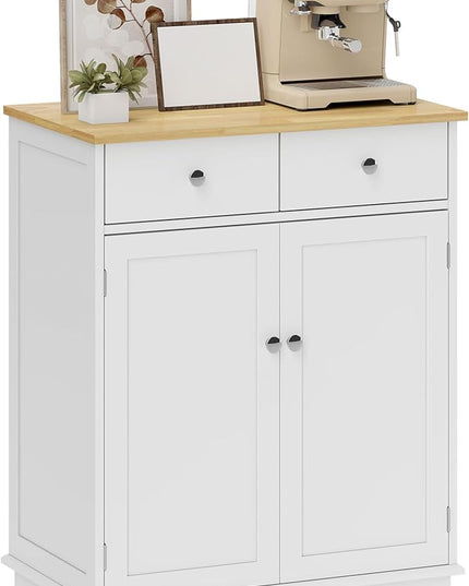 HOMCOM Sideboard Buffet Cabinet with Solid Wood Countertop, Modern Kitchen Storage Cabinet, Coffee Bar Cabinet with 2 Drawers, Doors and Adjustable Shelf, White