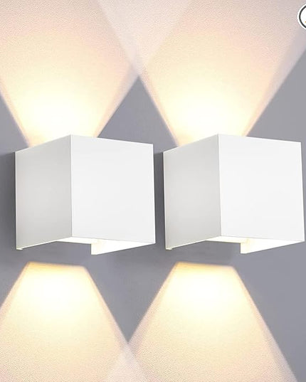 2-Pack LED Outdoor Wall Sconces Exterior/Interior,Modern square Wall Sconce Fixture Set, Variable Beam Outdoor Porch I65 Waterproof Lights, 12W Warm Light 3000K Up and Down Wall Lights(White)
