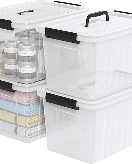 Obstnny 20 L Plastic Storage Box with Handle, 4-Pack Clear Latching Storage Bin