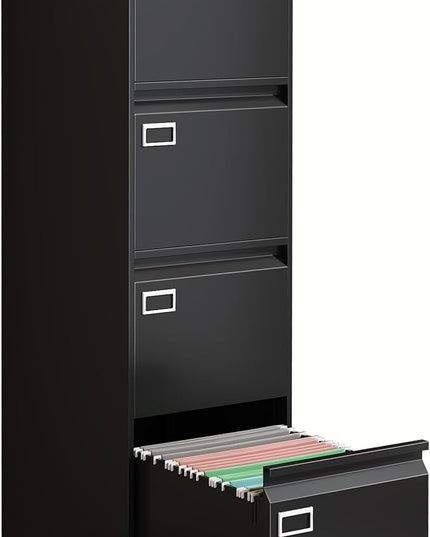 4 Drawer Metal File Cabinet with Lock, Black Lockable Filing Cabinets, Vertical Small File Cabinet with Key, Under Desk Filing Cabinets for Home Office