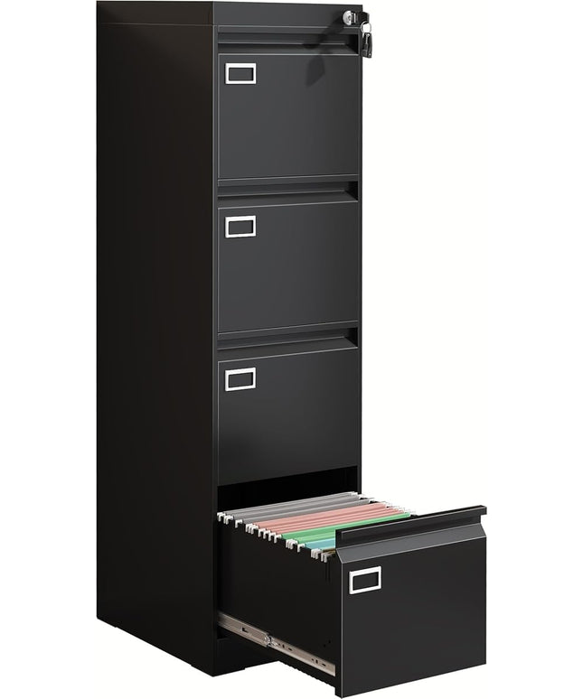 4 Drawer Metal File Cabinet with Lock, Black Lockable Filing Cabinets, Vertical Small File Cabinet with Key, Under Desk Filing Cabinets for Home Office
