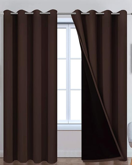 Yakamok 100% Blackout Curtains for Bedroom, 2 Thick Layers Thermal Insulated Grommet Total Blackout Drapes with Black Liner for Living Room (52Wx90L,Chocolate Brown, 2 Panels)