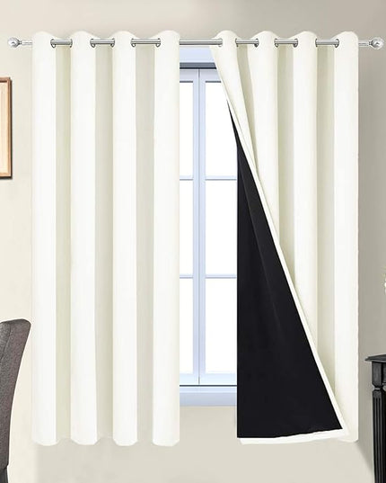 Yakamok 100% Blackout Curtains with Black Liners, Solid Home Decor Thermal Insulated Full Blackout 2-Layer Lined Drapes, Energy Efficiency Window Draperies for Bedroom (52Wx63L, Cream, 2 Panels)