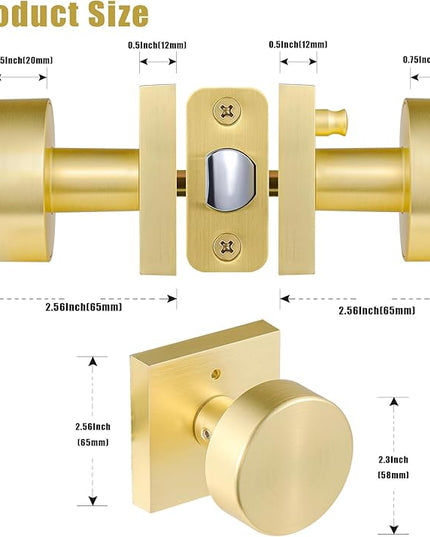 Brushed Gold Door Knobs Interior, Satin Brass Privacy Interior Door Knob, Bathroom and Bedroom Round Door Knobs with Lock