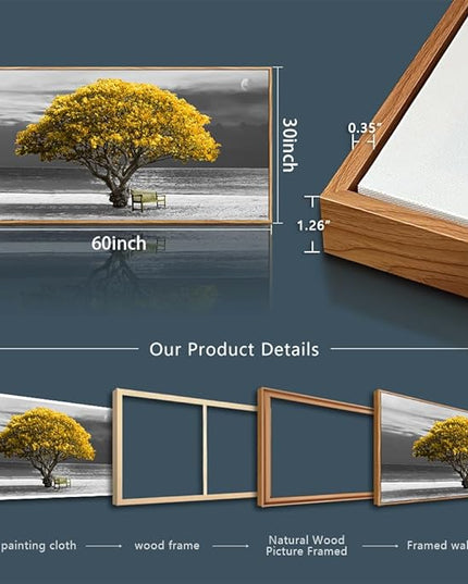 hyidecorart Framed Canvas Wall Art, 30x60in Yellow Trees, Living Room Wall Decor, Natural Wood Frames