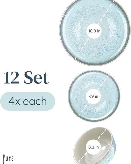 Stoneware dinnerware set 4 persons 12 pcs – Modern style plates and bowls set ceramic – Dishwasher, microwave and scratch resistant – Bowl and plate set – Dinner service Pure Living beige & light blue