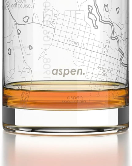 Well Told Engraved Aspen Colorado Map Rocks Glass, Old Fashioned Glassware (11 oz, Clear) Etched Bourbon Tumbler, Gifts For Whiskey Lovers