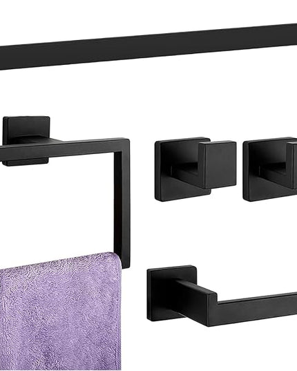 Bathroom Accessory Towel Bar Set: 5 Pieces Matte Black Square Bathroom Hardware SUS304 Stainless Steel - 24 Inch Wall Mounted Towel Rack&Toilet Paper Holder&Towel Ring and Towel Hook