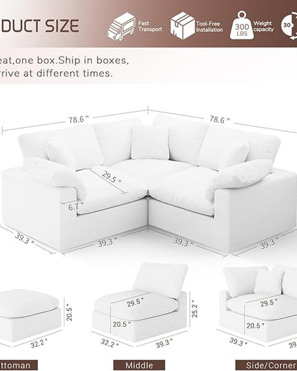 Cloud Modular Sectional Sofa,78.6" V Shape 3 Seater with Corner Down Filled Comfy Sofa,Modern Deep Seat Cloud Couch,Detachable Couch Cushion Covers for Living Room,White
