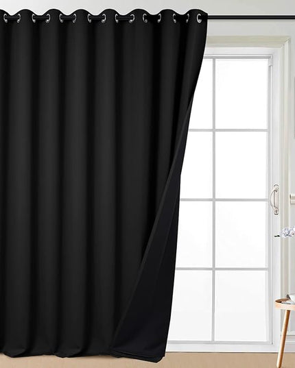 Yakamok 100% Blackout Thermal Insulated Grommet Curtains, Noise Reducing Barrier Panel for Sliding Glass Door, 2 Thick Layers Heat Full Light Blocking Patio Door Drapery, Black, W100 x L108, 1 Panel