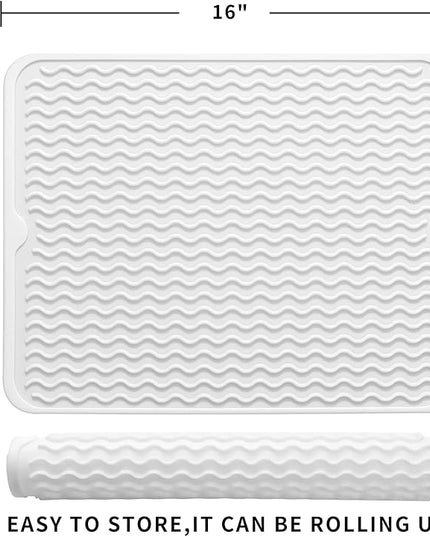 Silicone Dish Drying Mat for Multiple Usage,Easy clean,Eco-friendly,Heat-resistant Silicone Mat for Kitchen Counter or Sink,Refrigerator or drawer liner White L 16 inches x 12 inches