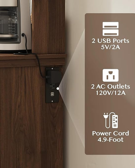 Farmhouse Coffee Bar Cabinet with Storage,31.5" Kitchen Cabinet with Hooks and Charging Station,Coffee Station with Adjustable Shelf and Hutch,Sideboard for Living Dining Room