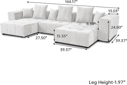 JACH 144.1 Inch U-Shaped Modular Sofa, Mid Century Modern Deep Seat Sectional Couch, 3-Seater Sofas with Chaise Ottomans for Living Room, Cozy Sofas for Apartment, Living Room (Linen Fabric, White)