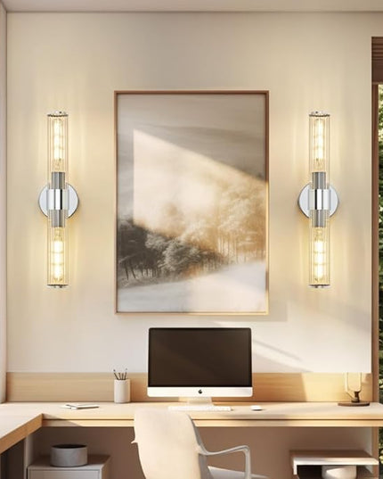 Bathroom Vanity Light Fixtures, Chrome Wall Sconce in Threaded Glass, Modern Wall Light Up and Down Wall Mount Lamp for Bathroom, Living Room, Hallway, Kitchen - Bulb Not Included