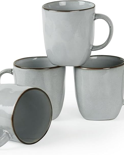 famiware Coffee Mugs Set of 4, Ocean Square 13oz Coffee Cup Set with Handle for Cocoa, Milk, Hot Chocolate, Tea, Water, Stoneware Cups for Kitchen, Microwave and Dishwasher Safe, Grey
