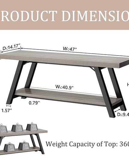 LVB Industrial Entryway Bench, Wood and Metal Storage Bench, Indoor Farmhouse Hallway Accent Entry Bench for Seating Sitting, Shoe Rack Organizer Cabinet in Foyer Bedroom, Light Grey Oak, 47 Inch Long