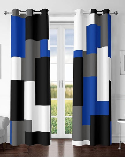 Blue Gray 100% Blackout Curtains for Bedroom 84 inch Length 2 Panels Set White Grey Modern Abstract Geometric Black Out Curtains Insulated Room Darkening Window Drapes for Living Room, 42Wx84L