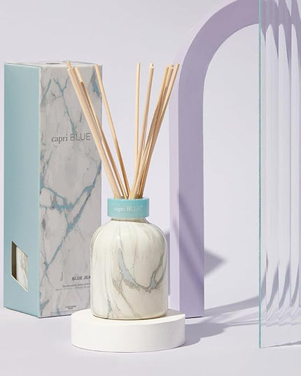 Capri Blue Reed Diffuser Set - Modern Marble Oil Diffuser, Sticks & Aroma Oil - Air Freshener for Home Decor - Blue Jean Scents (5.7 fl oz)
