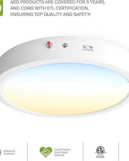 ASD LED 12" Round Flush Mount Ceiling Light Fixture, Low Profile Surface Lighting | 5CCT, Dimmable, Battery Backup, ETL Listed | 24W 2100LM 2700-6000K 120V | Kitchen, Hallway Lamp | White, 6 Pack