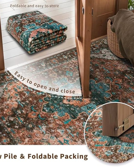 Ciicool Boho Area Rug 3x5ft Washable Bedroom Rug Non-Slip Oriental Entryway Throw Rug Low-Pile Indoor Floor Carpet for Living Room Laundry Foyer Decor (Brick Red/Dull Teal)