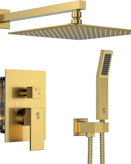 SR SUN RISE 12 Inches Bathroom Luxury Rain Mixer Shower Combo Set Wall Mounted Rainfall Shower Head System Brushed Nickel Finish Shower Faucet Rough-In (12 Inch, Brushed Gold)