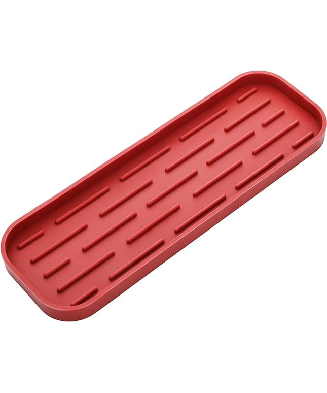 Silicone Kitchen Sink Organizer Tray for Multiple Usage,Eco-Friendly Sponges Holder for Kitchen Bathroom Counter or Sink,Dish Soap Dispenser,Scrubber,Bottle,Cup (Red, 12"×4")