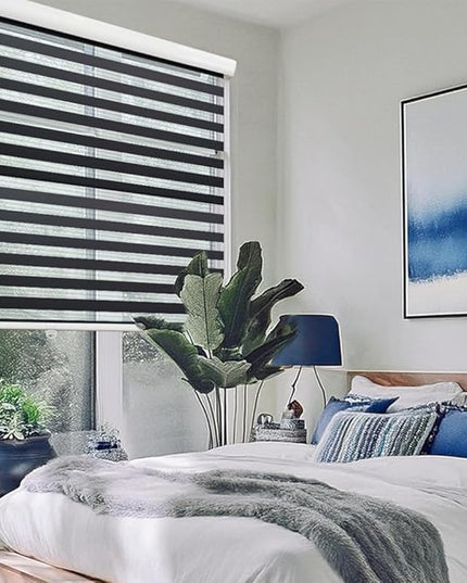 ShadesU Cordless Zebra Blinds – Light Filtering Dual-Layer Window Shades for Privacy (Black Color) (Maximum Height 72") (Width 33")
