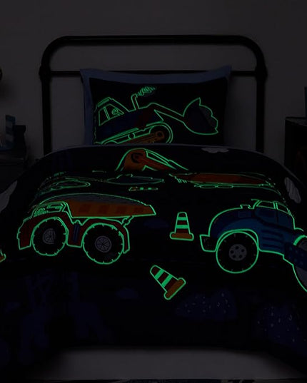 Twin Comforter Set for Boys-5 Pieces Truck Tractor Excavator Glow in The Dark Twin Bedding Sets for Kids, Ultra Soft Bed in A Bag with Sheets