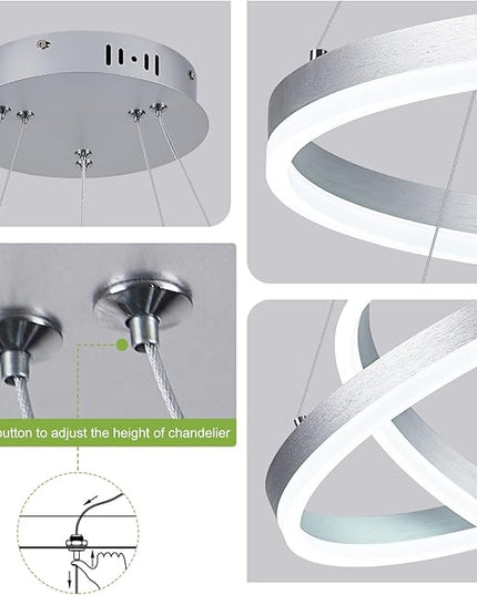 2-Rings Modern LED Chandelier Silver for Dining Room, Circular Flush Mount Ceiling Chandelier Light Dimmable Pendant Light with Remote Control for Living Room Entrance Foyer, 3000K-6500K
