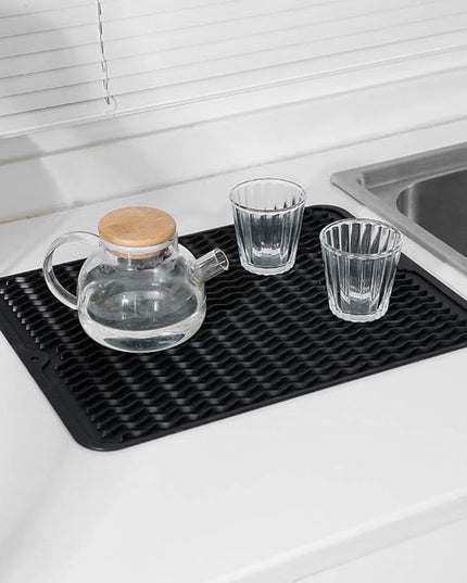 Silicone Dish Drying Mat for Multiple Usage,Easy clean,Eco-friendly,Heat-resistant Silicone Mat for Kitchen Counter or Sink,Refrigerator or drawer liner Black L 16 inches x 12 inches