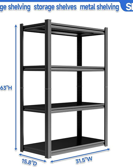 63" H Storage Shelves 2000LBS Garage Shelving 4-Tier Metal Shelf for Basement, Warehouse, Pantry, Closet, Kitchen 63" H x 31.5" W x 15.7" D, Black