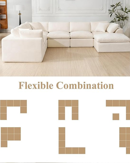 Sectional Couches for Living Room, 139 Inch Oversized Boneless Couch Modern Modular Couch 7 Seater Chenille Corner Sofa with Moveable Ottoman and 3 Throw Pillows, Beige