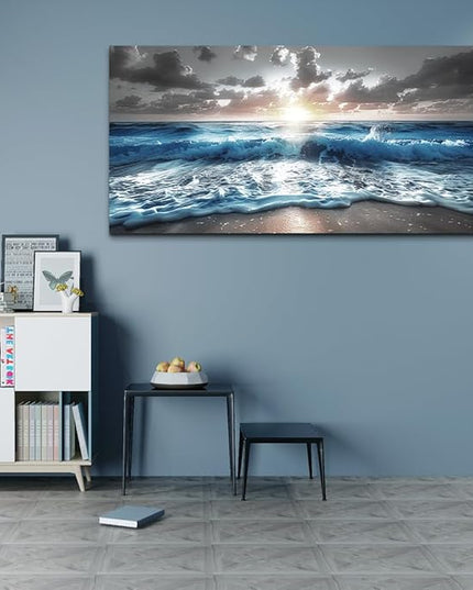 hyidecorart Blue Sea Waves Wall Pictures Framed Wall Art For Living Room Canvas Wall Decor For Office Sunshine Beach Painting Bedroom Home Decorations Prints Posters Mural Artwork Ready To Hang