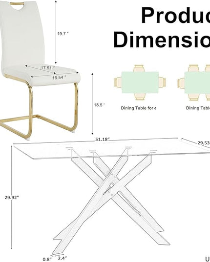 7 Piece Glass Dining Table Set, Gold Glass Kitchen Dining Room Table Set for 6, Modern 51" Rectangular Glass Metal Dining Table with 6 White Leather Dining Chairs for Kitchen Dining Room