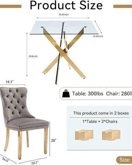 Glass Dining Table Set for 2, Square 36" Dining Table with Gold Cross Metal Leg, 2 Gray Velvet Dining Chairs with Stainless Steel Legs, Modern Glass Kitchen Table and Chairs Set for Small Space