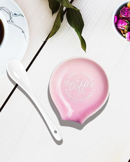 Funny Coffee Quote First I Drink The Coffee Then I Do The Things Ceramic Spoon Holder-Light Purple Coffee Spoon Rest -Cafe Station Bar Accessories