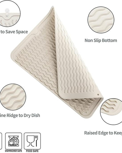 Silicone Dish Drying Mat for Multiple Usage,Easy clean,Eco-friendly,Heat-resistant Silicone Mat for Kitchen Counter or Sink,Refrigerator or drawer liner Tapioca L 16 inches x 12 inches